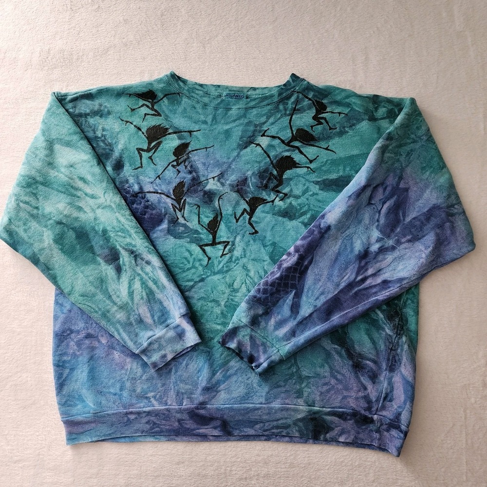 VTG 90s Tie Dye Sweatshirt Dancing Figures Art Teal Hippie‎ Kokopelli Boxy XL